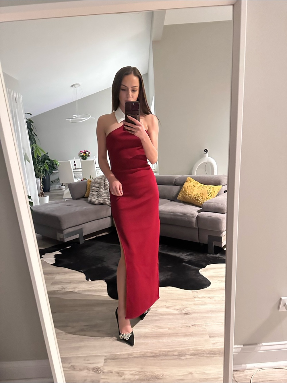 Chic Crimson Halter Midi Dress with White Collar